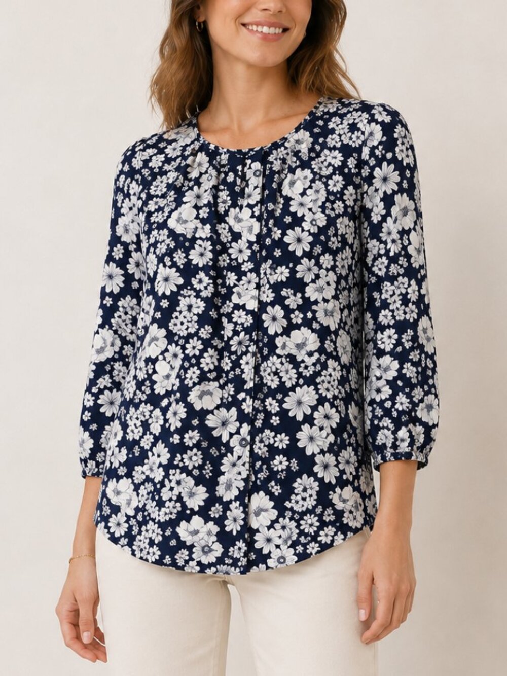 Collective Concepts Navy White Floral Blouse XS Long Sleeve Keyhole Top